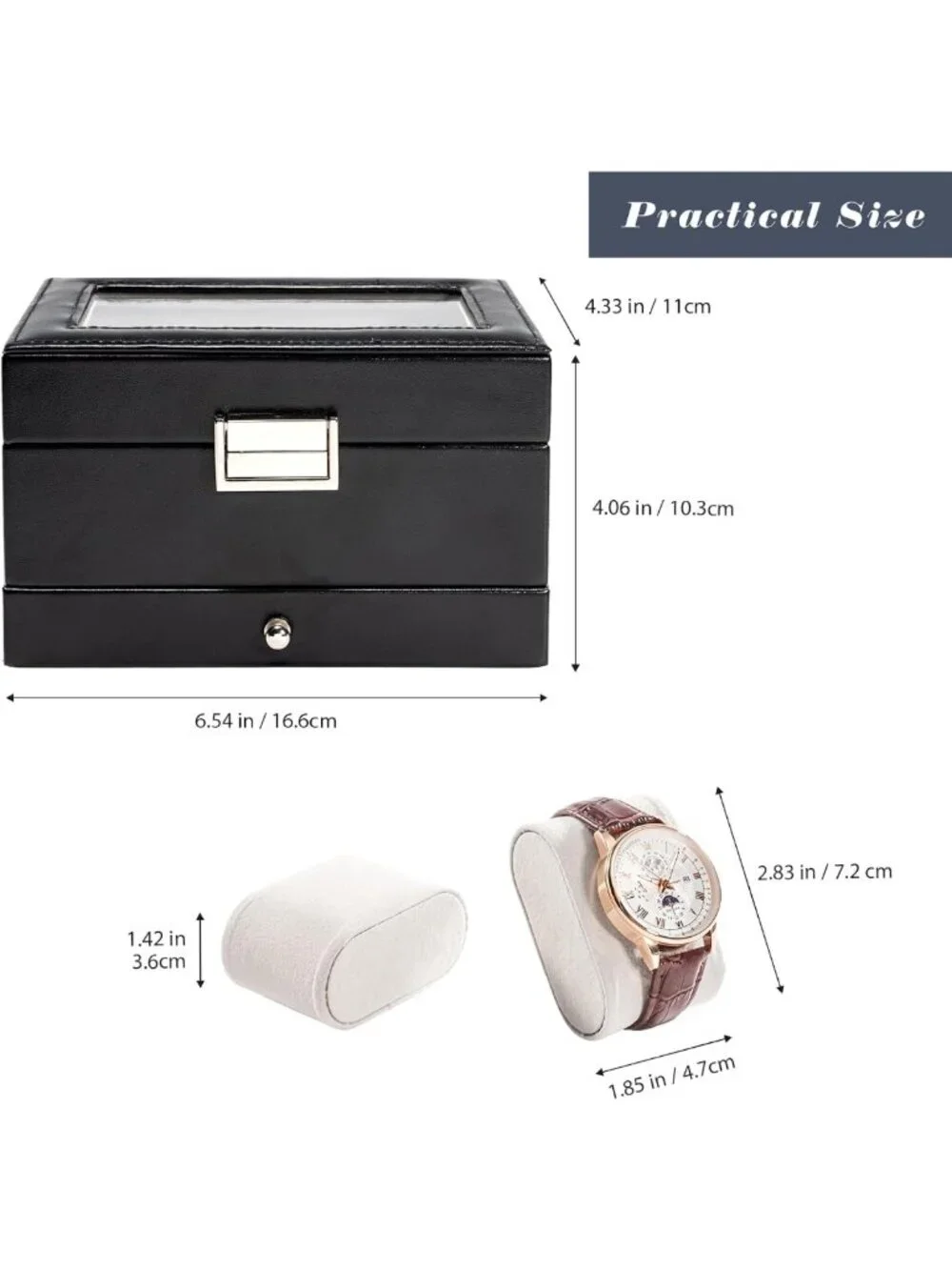 Elegant 3-Slot Watch Display Case with Drawer - Stylish Black Storage Box